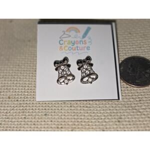 Vintage Avon Silver Tone Bells Rhinestone Pierced earrings Christmas Retro 80's